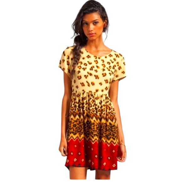 MinkPink Wild Things Mini Leopard Cheetah Boho Babydoll Dress Sz L - Picture 3 of 12